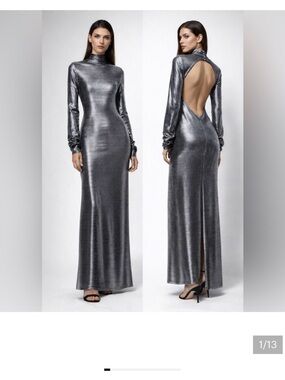 NWT Free People Metallic Silver Long Sleeve Open Back Evening Gown